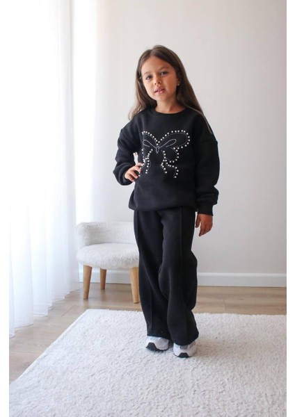 Kelebek Baskılı Taşlı Şardonlu Kız Çocuk Ikili Eşofman Takımı