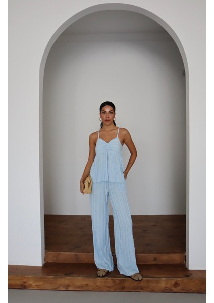 Fitil Desenli Askılı Bluz & Pantolon Ikili Takım