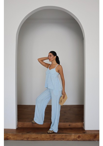 Fitil Desenli Askılı Bluz & Pantolon Ikili Takım modelleri