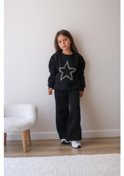 Yıldız Baskılı Taşlı Şardonlu Kız Çocuk Ikili Eşofman Takımı