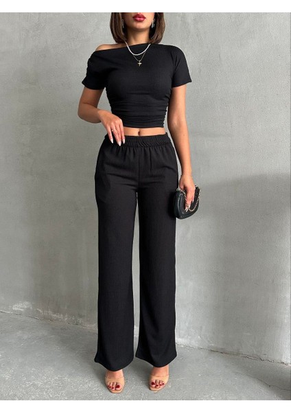 Tek Omuz Crop ve Bol Paça Pantolon Takım modelleri
