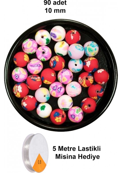 90 Adet 10 mm Polimer Kil Fimo Boncuk Takı Bileklik + 5 Metre Lastikli Misina Hediye - Desenli Yuvarlak