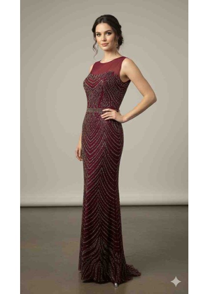 Tasarım Bordo Taş ve Payet Işlemeli Tül Uzun Abiye Elbise