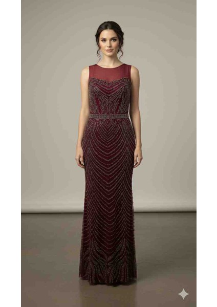 Tasarım Bordo Taş ve Payet Işlemeli Tül Uzun Abiye Elbise fiyatları