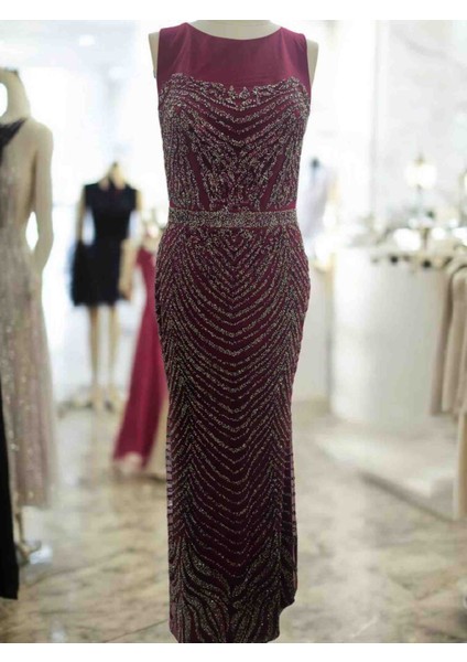 Tasarım Bordo Taş ve Payet Işlemeli Tül Uzun Abiye Elbise modelleri