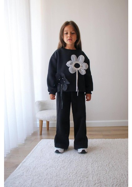 Çiçek Baskılı Şardonlu Kız Çocuk Ikili Eşofman Takımı