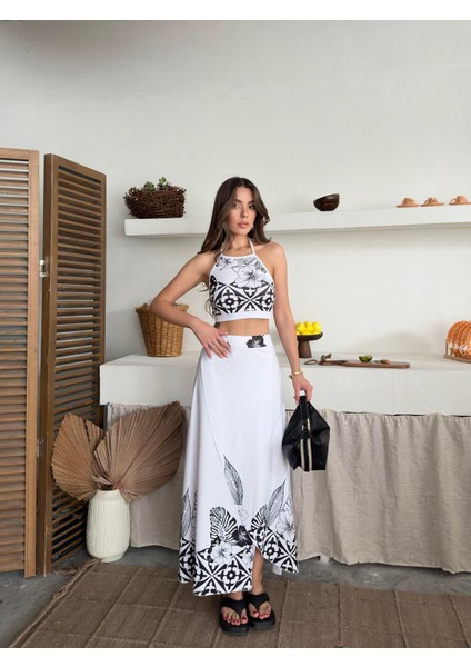 Etnik Desenli Siyah Crop ve Yırtmaçlı Maxi Etek Takım fırsatları