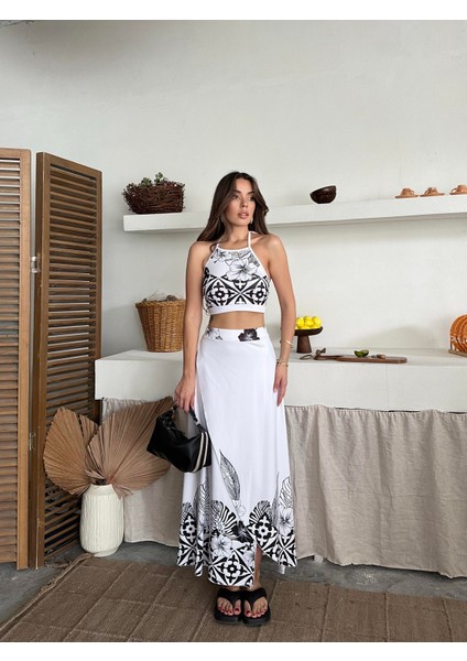 Etnik Desenli Siyah Crop ve Yırtmaçlı Maxi Etek Takım indirimleri
