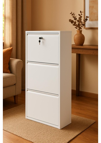 3'lü Kilitli Beyaz Metal Ayakkabılık