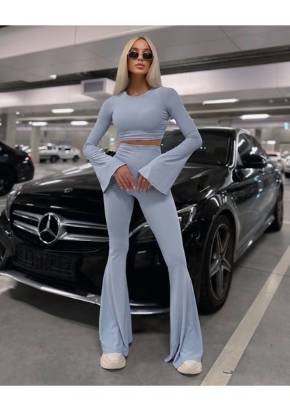 Kadın Crop Üst ve Ispanyol Paça Tayt Gök Mavisi Takım