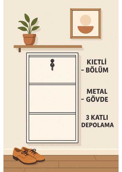 3'lü Kilitli Kahve-Krem Metal Ayakkabılık fırsatları