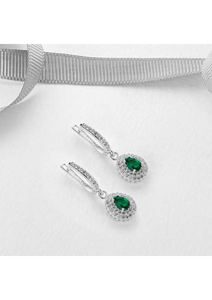 925 Ayar Rodyum Kaplama Damla Zümrüt Taşlıgümüş Küpe