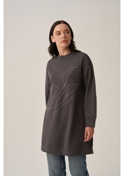 Antrasit-Yumuşak Dokulu Nakışlı Sweatshirt fırsatları