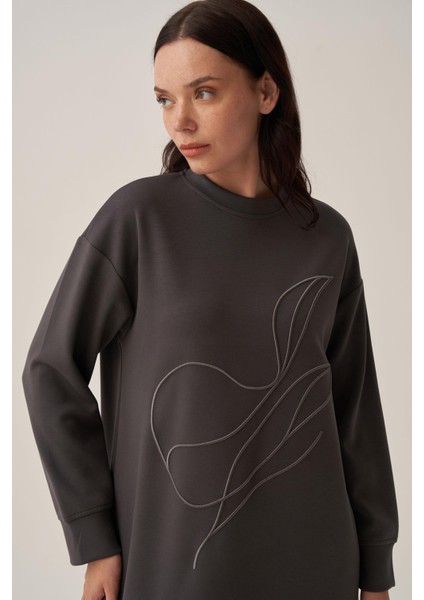 Antrasit-Yumuşak Dokulu Nakışlı Sweatshirt indirimleri