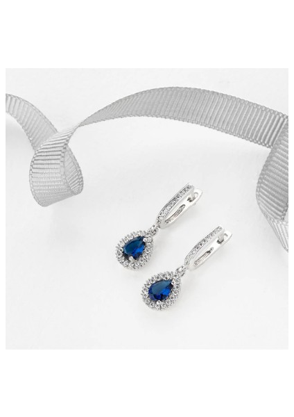 925 Ayar Rodyum Kaplama Damla Safir Taşlı Gümüş Küpe