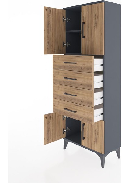 Arges Dolap 2 Raflı 4 Çekmeceli 4 Kapaklı 60X30X163 Antrasit-Çam fırsatları