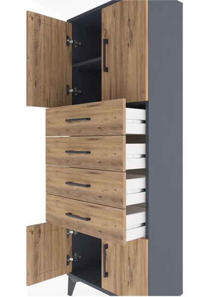 Arges Dolap 2 Raflı 4 Çekmeceli 4 Kapaklı 60X30X163 Antrasit-Çam indirimleri
