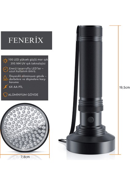 100 LED 395NM Mor Işık Uv El Feneri - Ultraviyole Fener fiyatları