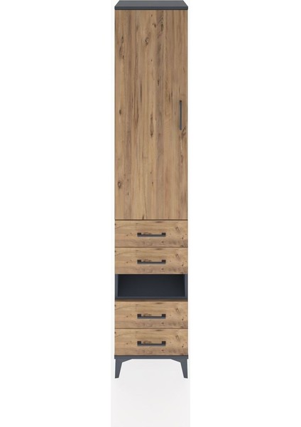 Hyperion Dolap 4 Raflı 4 Çekmeceli Tek Kapaklı 44X44X221 Antrasit-Çam