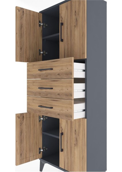 Arges Dolap 3 Raflı 3 Çekmeceli 4 Kapaklı 60X30X163 Antrasit-Çam indirimleri