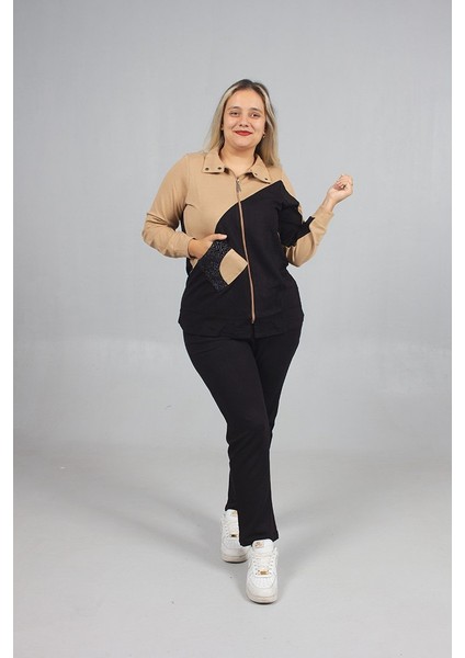 Taş Detaylı Şıklık! Büyük Beden Siyah Kahve Eşofman Takımı