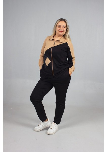 Taş Detaylı Şıklık! Büyük Beden Siyah Kahve Eşofman Takımı fiyatları