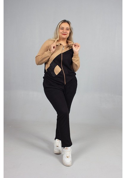 Taş Detaylı Şıklık! Büyük Beden Siyah Kahve Eşofman Takımı modelleri