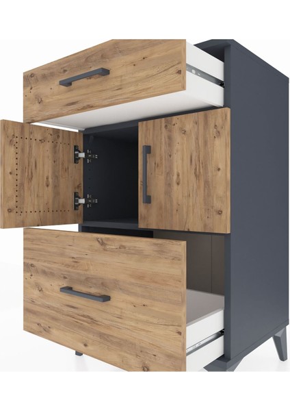 Hyperion Komodin Tek Raflı 2 Çekmeceli 2 Kapaklı 60X44X96 Antrasit-Çam indirimleri