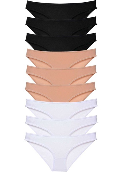 9 Adet Süper Eko Set Likralı Kadın Slip Külot Siyah Ten Beyaz