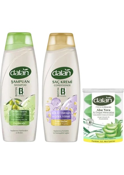 Onarıcı Bakım Şampuan 450 ml + Dalan Saç Kremi 450 ml + Dalan Klasik Aloe Vera 110X4=440 gr