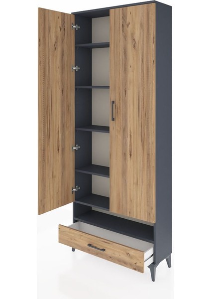Arges Dolap 6 Raflı Tek Çekmeceli 2 Kapaklı 88X30X221 Antrasit-Çam fırsatları