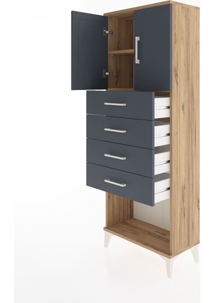 Arges Dolap 2 Raflı 4 Çekmeceli 2 Kapaklı 60X30X163 Çam-Antrasit fırsatları