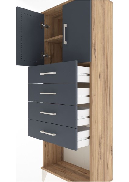 Arges Dolap 2 Raflı 4 Çekmeceli 2 Kapaklı 60X30X163 Çam-Antrasit indirimleri