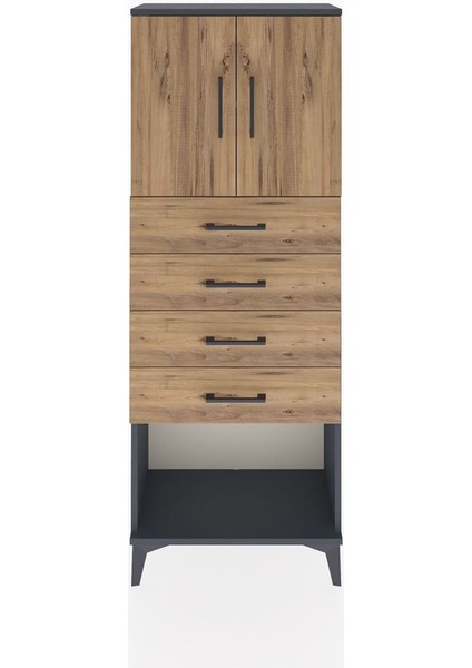 Arges Dolap 2 Raflı 4 Çekmeceli 2 Kapaklı 60X30X163 Antrasit-Çam