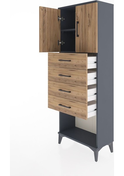 Arges Dolap 2 Raflı 4 Çekmeceli 2 Kapaklı 60X30X163 Antrasit-Çam fırsatları