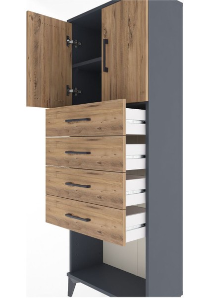 Arges Dolap 2 Raflı 4 Çekmeceli 2 Kapaklı 60X30X163 Antrasit-Çam indirimleri
