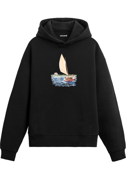 Yelkenli Deniz Manzaralı Tasarım Baskılı Unisex Kapüşonlu Hoodie