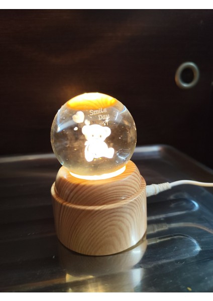 Dönen Ahşap Standlı 3D Kristal Küre, Gezegen, Dünya, Ay, Gül, Yunus, Galaksi Modelleri