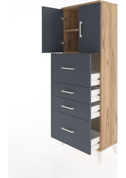 Arges Dolap 2 Raflı 4 Çekmeceli 2 Kapaklı 60X30X163 Çam-Antrasit fırsatları