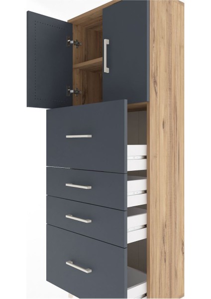 Arges Dolap 2 Raflı 4 Çekmeceli 2 Kapaklı 60X30X163 Çam-Antrasit indirimleri