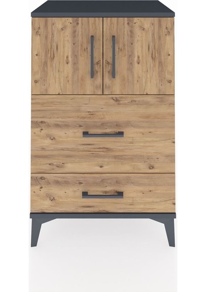 Hyperion Komodin Tek Raflı 2 Çekmeceli 2 Kapaklı 60X44X96 Antrasit-Çam