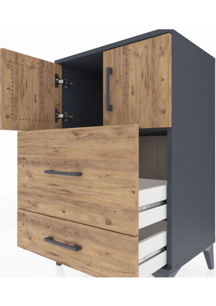 Hyperion Komodin Tek Raflı 2 Çekmeceli 2 Kapaklı 60X44X96 Antrasit-Çam indirimleri