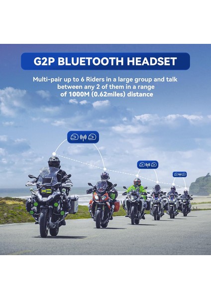 Lexın G2P Bluetooth Motosiklet Intercom | 1000 M Menzil – 6 Kişilik Grup Bağlantısı – Fm Radyo – Gürültü Engelleme – IP67 Suya Dayanıklı – Çift Paket
