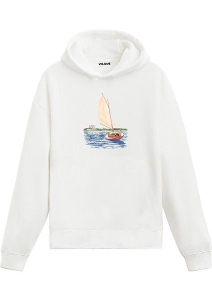 Yelkenli Deniz Manzaralı Tasarım Baskılı Unisex Kapüşonlu Hoodie