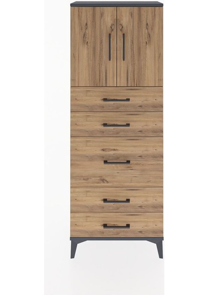 Arges Dolap 2 Raflı 5 Çekmeceli 2 Kapaklı 60X30X163 Antrasit-Çam