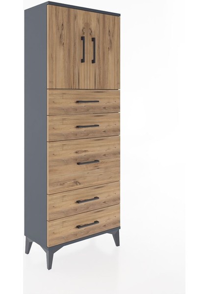 Arges Dolap 2 Raflı 5 Çekmeceli 2 Kapaklı 60X30X163 Antrasit-Çam fiyatları