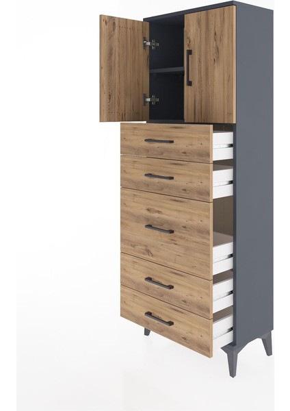 Arges Dolap 2 Raflı 5 Çekmeceli 2 Kapaklı 60X30X163 Antrasit-Çam fırsatları