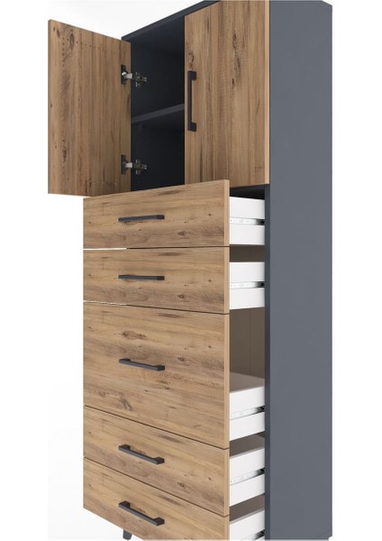 Arges Dolap 2 Raflı 5 Çekmeceli 2 Kapaklı 60X30X163 Antrasit-Çam indirimleri