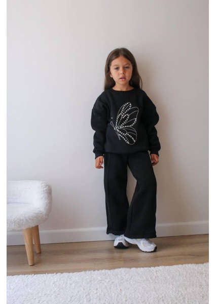 Kelebekli Taşlı Kız Çocuk Ikili Eşofman Takımı