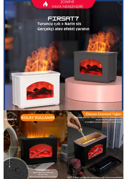 3D Alev Şömine Hava Nemlendirici 270ML Led'li Buharlık Aromaterapi Difüzör Led'li Hava Nemlendirici